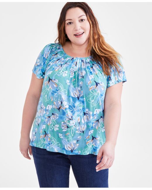 Style & Co Plus Printed Pleated-Neck Top Created for