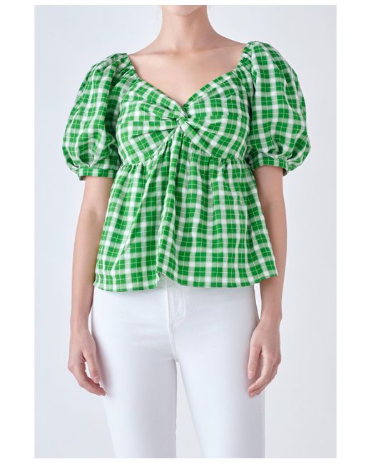 English Factory Gingham Twisted Puff Sleeve Top