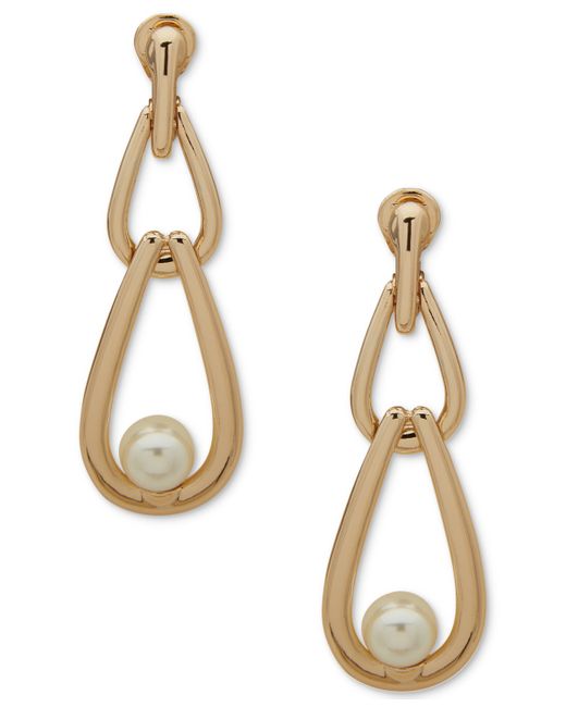 AK Anne Klein Gold-Tone Link Imitation Pearl Clip-On Linear Drop Earrings