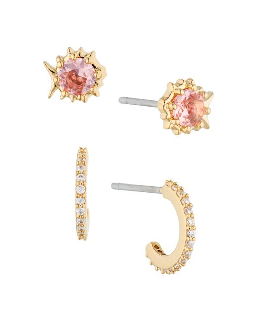 Ava Nadri Cubic Zirconia Extra Small Pave Hoop and Puffer Fish Stud Earrings Set of Two Pair