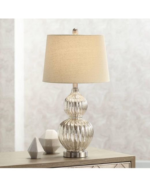 Regency Hill Lili 25 High Fluted Modern Country Cottage Table Lamp Mercury Glass Single Beige Shade Living Room Bedroom Bedside Nightstand House Office Hom