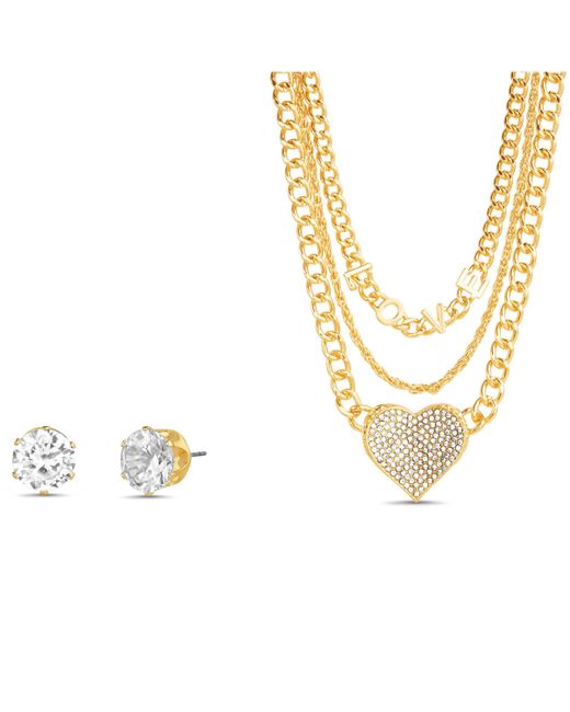Kensie Tone 3-Row Necklace with Love Letter Charms and Heart Pendant Round Cz Earrings Set