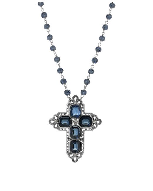 2028 Pewter Rectangle Sapphire Crystal Cross Beaded Necklace