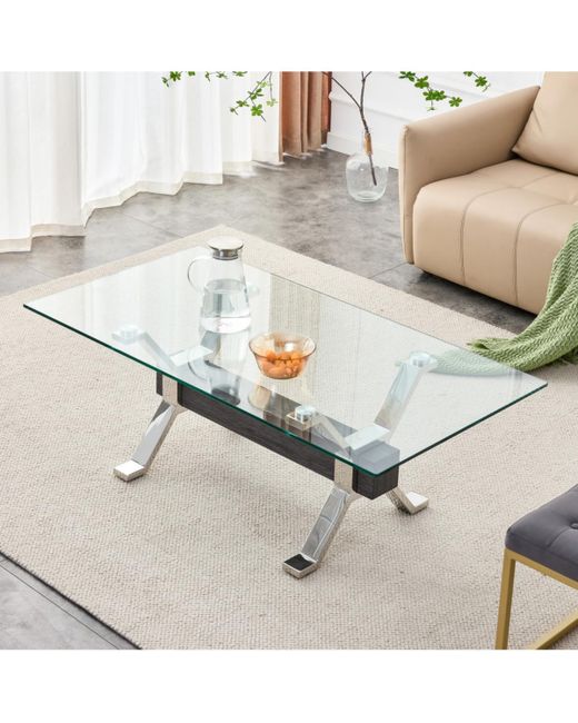 Simplie Fun Tea Table Dining Contemporary Tempered Glass Coffee with Plating Metal Legs and Mdf Crossbar For Home Office