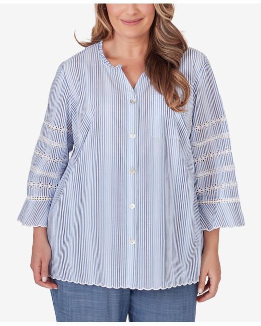 Alfred Dunner Plus Bayou Pinstripe Embroidered Button Down Top