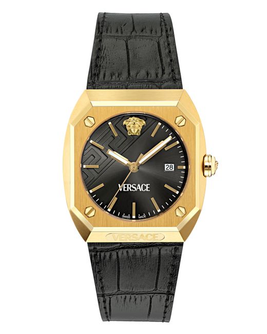 Versace Swiss Black Leather Strap Watch 44mm