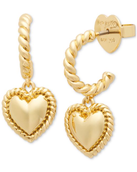 Kate Spade New York Gold-Tone Twisted Frame Heart Charm Hoop Earrings Gold.