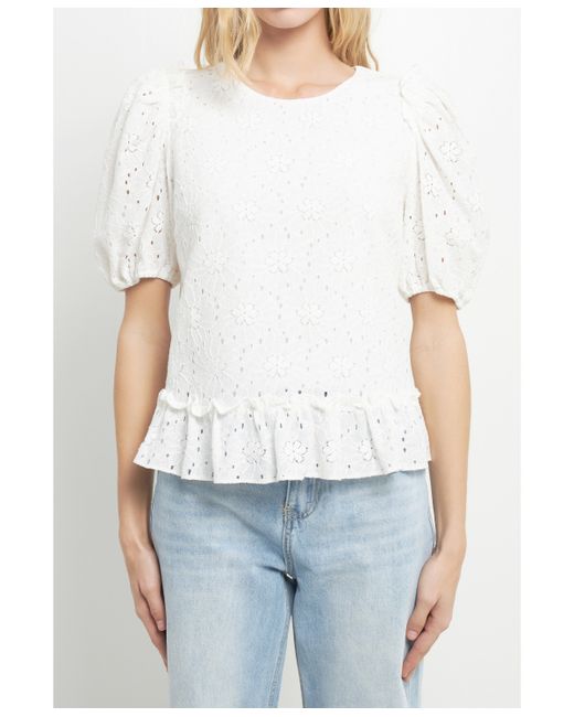 English Factory Lace Puff Sleeve Top With Shoulder Ruffle Details