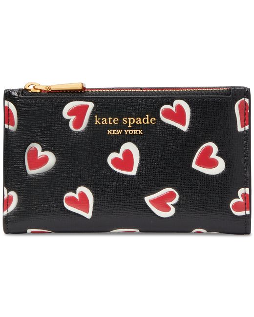 Kate Spade New York Morgan Stencil Hearts Printed Saffiano Slim Bifold Wallet Black Multi.