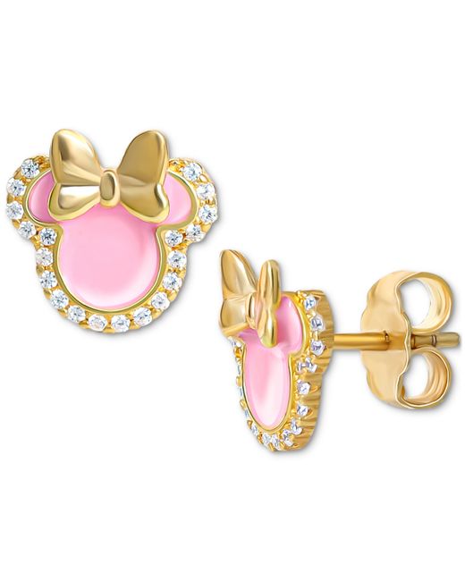 Disney Cubic Zirconia Pink Enamel Minnie Mouse Stud Earrings 18k Gold-Plated Sterling