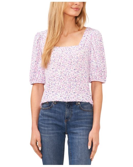Cece Floral Print Square Neck Puff-Sleeve Knit Top