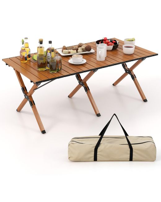 Costway Folding Camping Table with Carry Bag Roll-Up Picnic Wood Grain