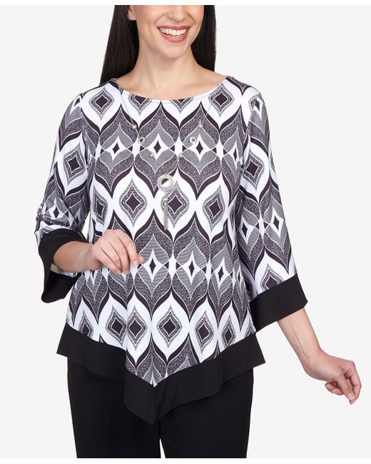 Alfred Dunner Petite Downtown Vibe Art Deco Biadere Pointed Hem Top