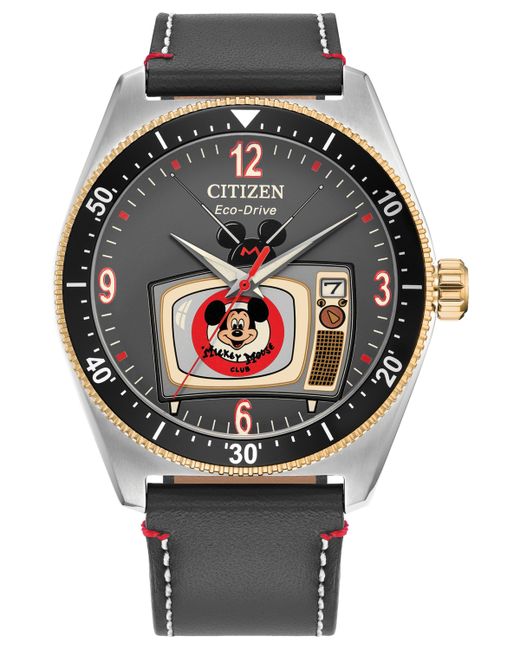 Citizen Eco-Drive Mickey Mouse Club Leather Strap Watch 42mm Box Set