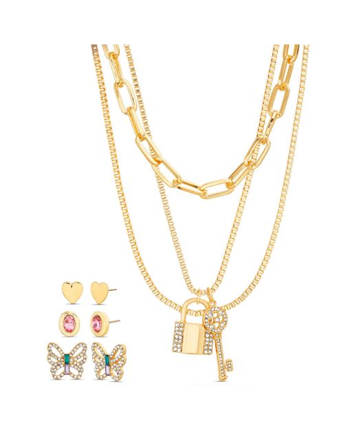 Kensie Tone 3-Row Necklace with Key and Lock Pendants 3 Pair of Earrings Set
