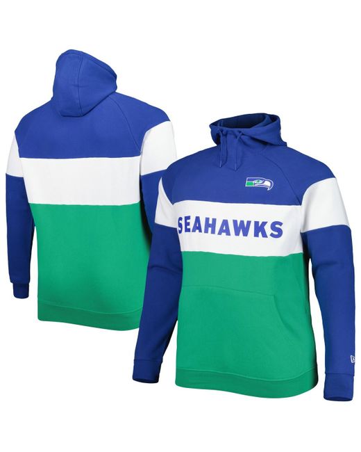 New Era Distressed Seattle Seahawks Big and Tall Throwback Colorblock Raglan Pullover Hoodie
