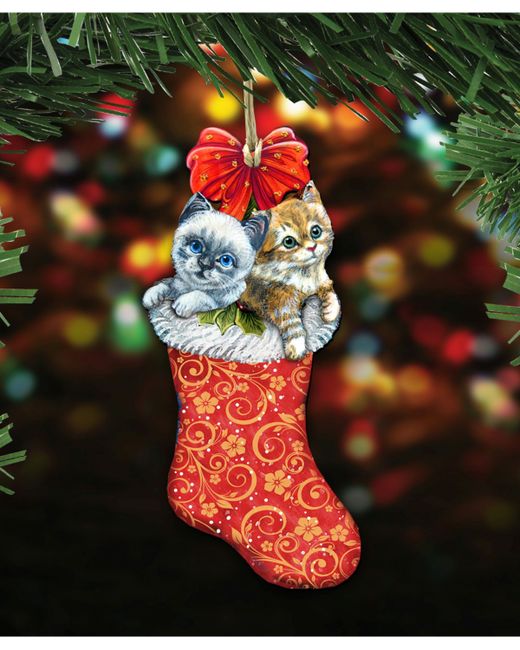 Designocracy Kitty Cats Christmas Stocking Wooden Ornaments Set of 2
