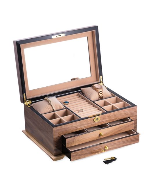 Bey-Berk Walnut 3 Level Jewelry Box with Gold tone Accents and Locking Lid
