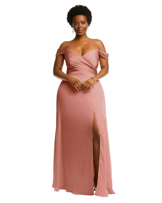 Dessy Collection Off-the-Shoulder Flounce Sleeve Empire Waist Gown with Front Slit