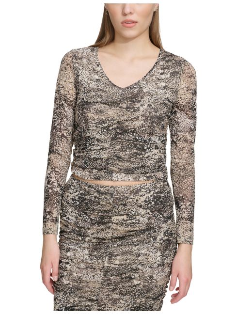 Dkny Printed Ruched Long-Sleeve Top pebble
