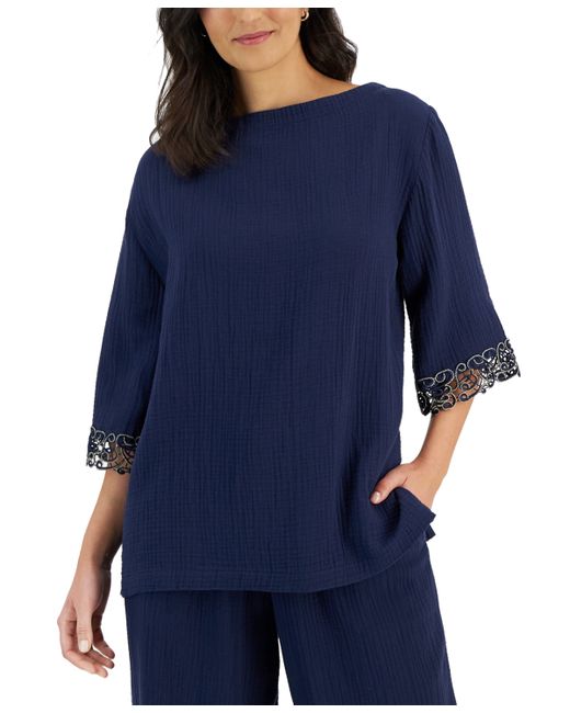 Jm Collection Boat-Neck 3/4-Sleeve Gauze Top Created for