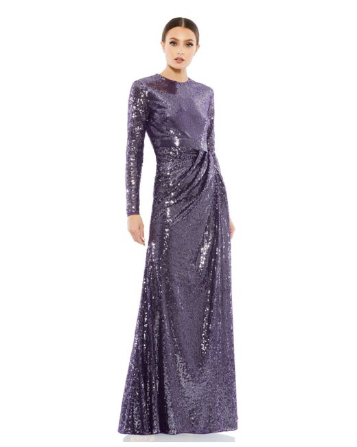 Mac Duggal Sequined High Neck Long Sleeve Draped Gown