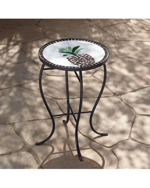 Teal Island Designs Pineapple Modern Black Metal Round Outdoor Accent Side Table 14 Wide Glass Mosaic Tabletop Gracefully Curved Legs for Front Porch Patio H