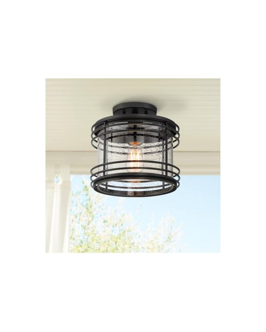 Possini Euro Design Mackie Modern Outdoor Semi Flush-Mount Ceiling Light Fixture Geometric 11 Clear Seedy Glass for Exterior House Porch Patio Outside Deck Garage