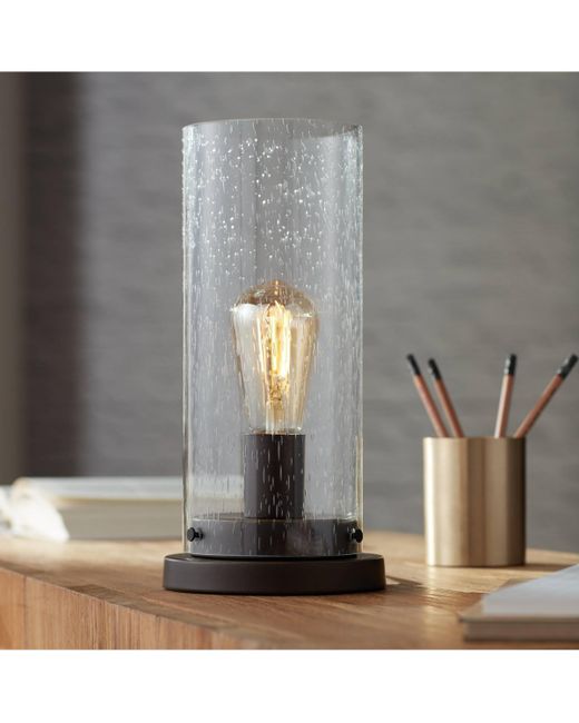 360 Lighting Libby Rustic Industrial Farmhouse Accent Uplight Table Lamp 12 High Led Bronze Metal Seeded Glass Cylinder Shade for Bedroom House Bedside Living Roo