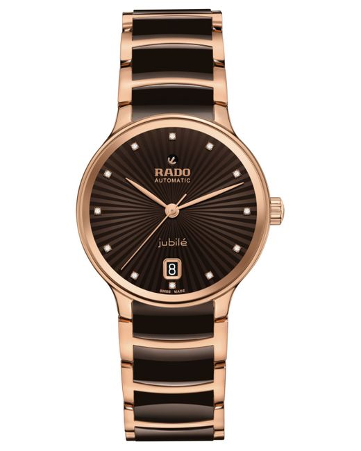 Rado Swiss Automatic Centrix Diamond Accent Ceramic Rose Gold Pvd Stainless Steel Bracelet Watch 35mm