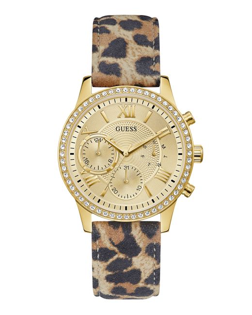 Guess Gold-Tone Glitz Animal Print Genuine Leather Strap Multi-Function Watch 40mm