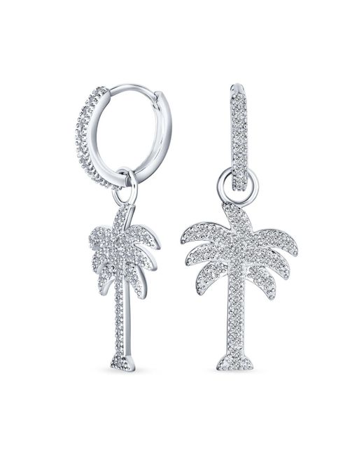 Bling Jewelry Hawaiian Nautical Pave Cz Cubic Zirconia Huggie Mini Hoop Dangle Charm Palm Tree Earrings For Teen.925 Sterling Silver