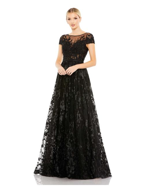 Mac Duggal Embellished Floral Cap Sleeve A Line Gown