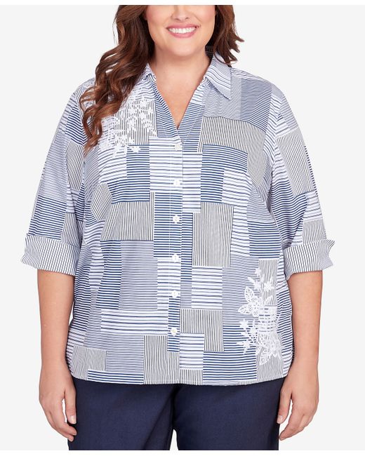 Alfred Dunner Plus A Fresh Start Embroidered Stripe Patch Button Down Top