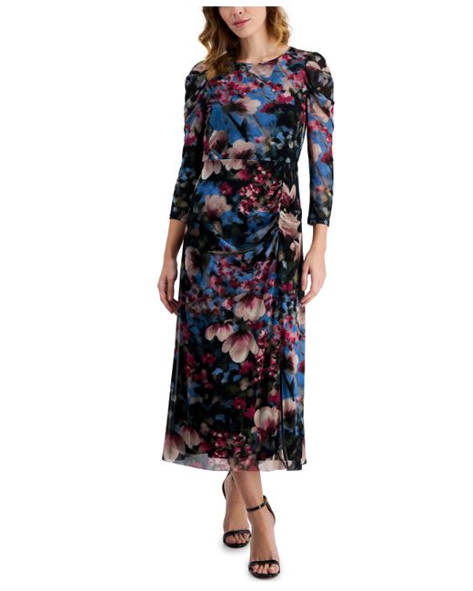 AK Anne Klein Floral-Print Ruched Midi Dress Amaranth Multi