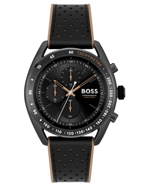Boss Center Court Quartz Chronograph Black Leather and Silicone Strap Watch 44mm
