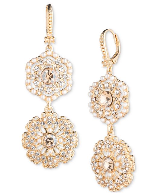 Marchesa Tone Crystal Imitation Pearl Flower Double Drop Earrings