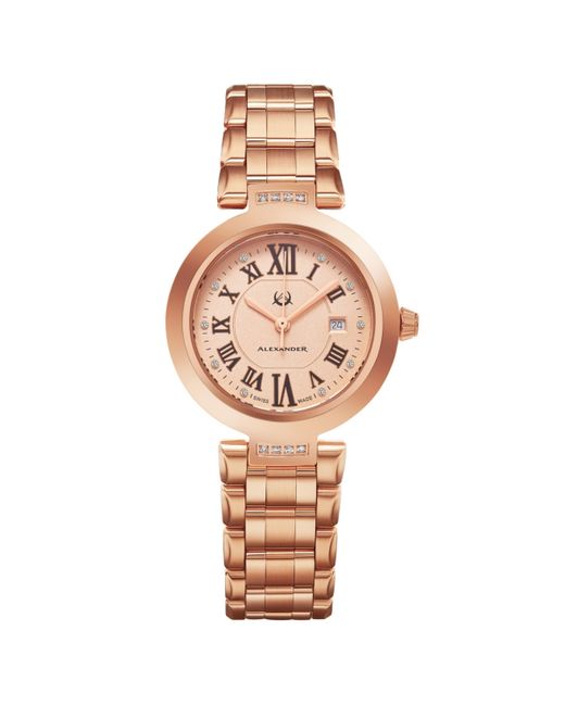 Alexander Ladies Quartz Date Watch with Rose Gold Tone Stainless Steel Case on Bracelet Silver Diamond Dial Rose-gol