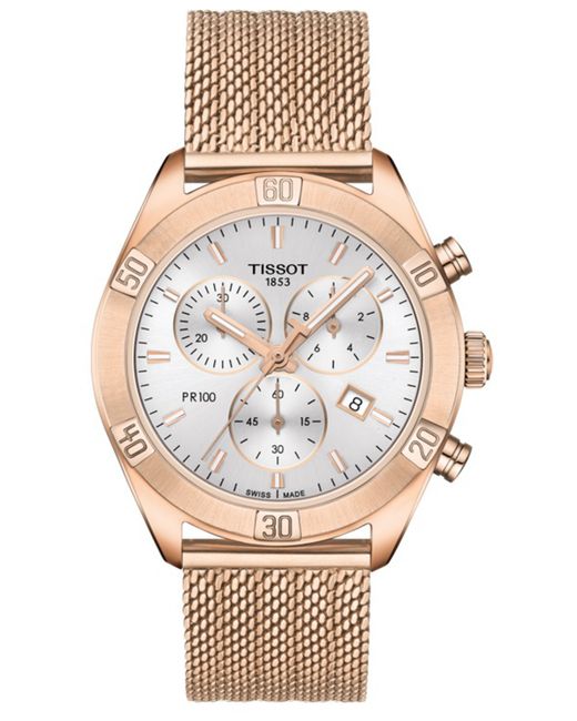 Tissot Swiss Chronograph Pr 100 Sport Chic T-Classic Tone Stainless Steel Mesh Bracelet Watch 38mm