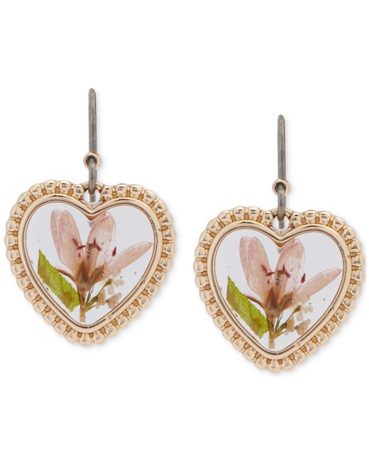 Lucky Brand Tone Pressed Flower Heart Drop Earrings