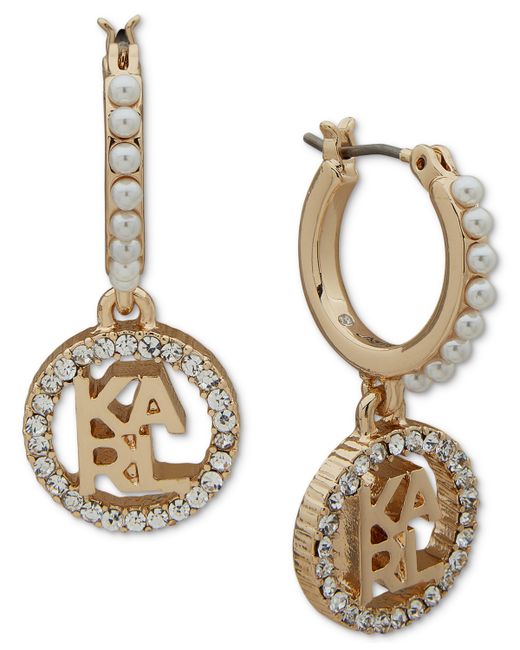 Karl Lagerfeld Gold-Tone Pave Logo Charm Imitation Hoop Earrings