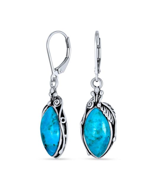 Bling Jewelry Style Stabilized Turquoise Marquise Shaped Gemstone Leaf Feather Dangle Earrings Western Jewelry For Lever back Oxidized 925 Sterling Silv