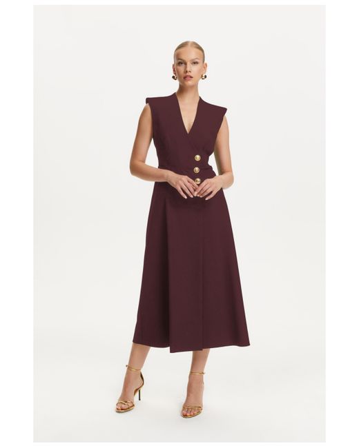 Nocturne Double-Breasted Shoulder Pad Midi Dress