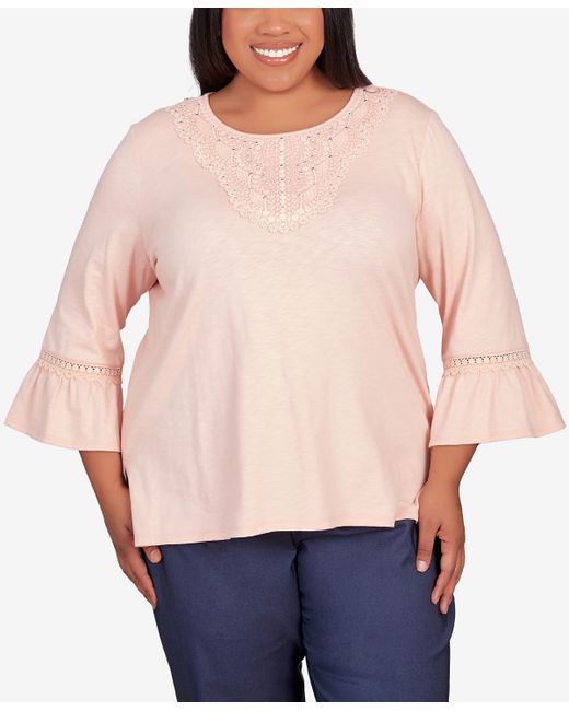 Alfred Dunner Plus A Fresh Start Lace Neck Solid Flutter Sleeve Top