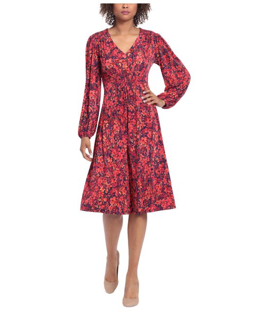 London Times Floral-Print Fit Flare Dress Red