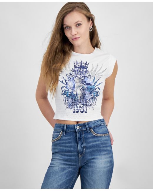 Guess Smocked Embellished Graphic Tank Top