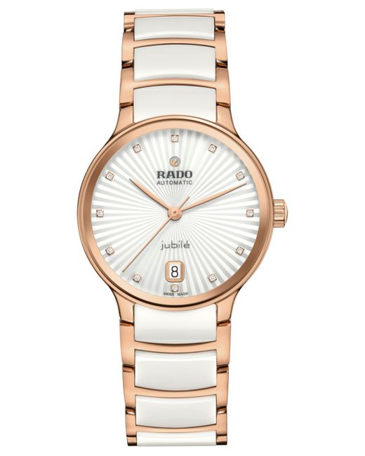 Rado Swiss Automatic Centrix Diamond Accent Ceramic Rose Gold Pvd Stainless Steel Bracelet Watch 35mm
