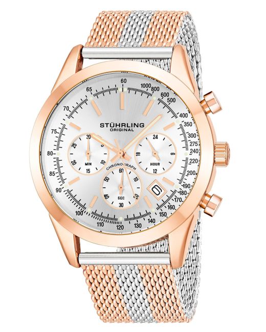 Stuhrling Quartz Chronograph Date Rose Gold-Tone and Silver-Tone Stainless Steel Mesh Bracelet Watch 44mm