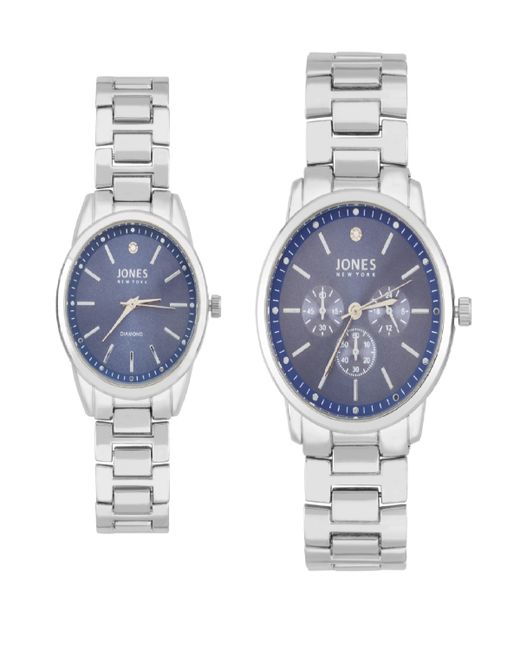 Jones New York and Analog Shiny Silver-Tone Metal Bracelet His Hers Watch 32mm Gift Set Silver