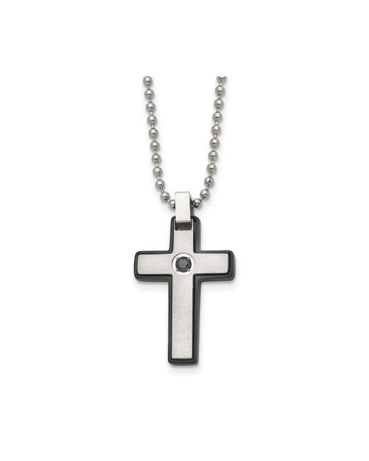 Chisel Brushed Ip-plated Cz Cross Pendant Ball Chain Necklace